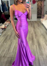 Audrey | Purple Emerald Green Mermaid Backless V Neck Satin Formal Dress with Train - Purple - PromDressClub